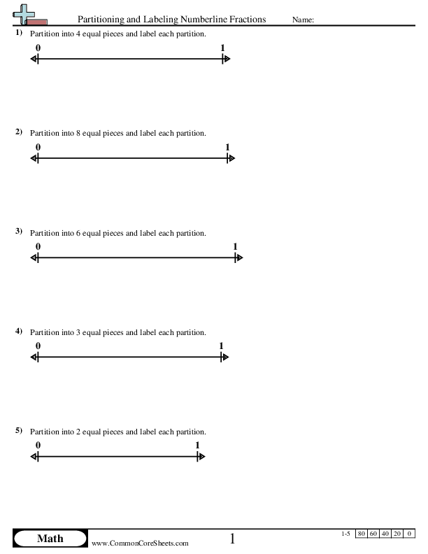 Fraction Worksheets - Partitioning and Labeling Numberline Fractions worksheet